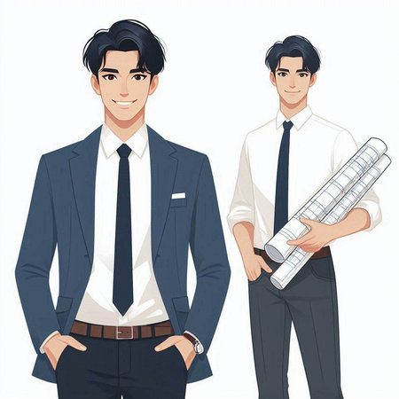 Businessman and architect with plans. Vector illustration in cartoon style.のイラスト素材