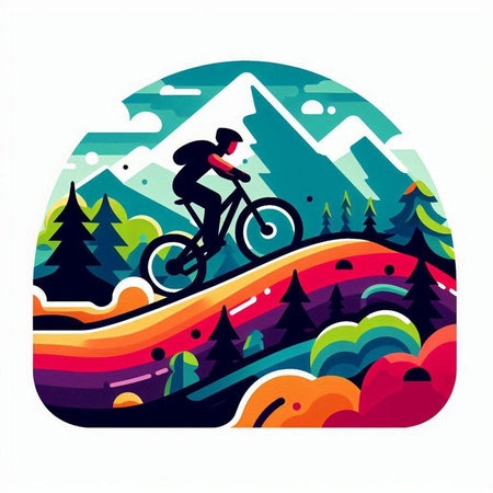 Cyclist riding mountain bike in the mountains, vector illustration.のイラスト素材