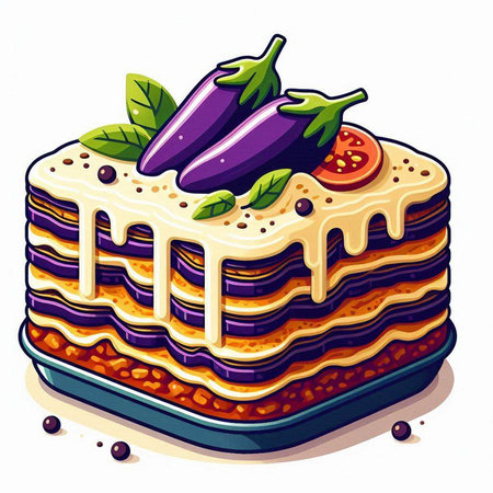 Vegetable cake with eggplant and tomato, vector illustration.のイラスト素材