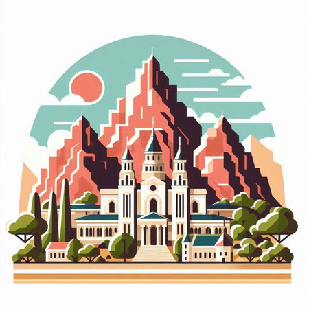 Church on the background of the mountains. Vector illustration in retro style.のイラスト素材