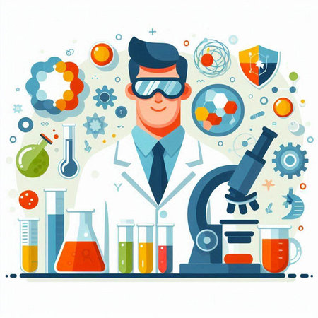 Scientist in chemical laboratory. Vector illustration in flat cartoon style.のイラスト素材