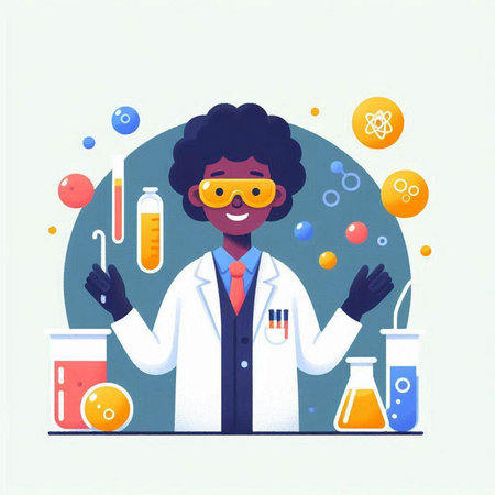 African american scientist in chemical laboratory. Vector illustration in flat styleのイラスト素材