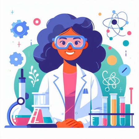 Scientist woman in lab coat and glasses. Vector illustration in flat styleのイラスト素材