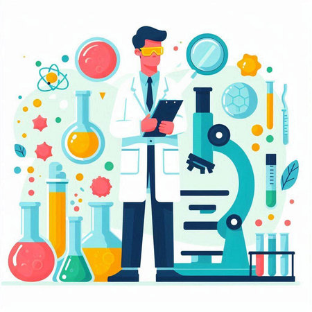 Scientist with microscope, test tubes and flasks. Vector illustrationのイラスト素材