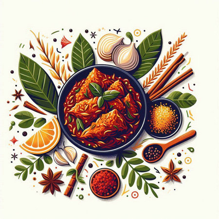 Chinese cuisine. Noodles in a plate with spices and herbs. Vector illustration.のイラスト素材