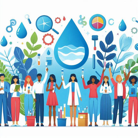 Flat design vector illustration concept for World Water Day. Group of people holding water droplets, icons and symbols.のイラスト素材
