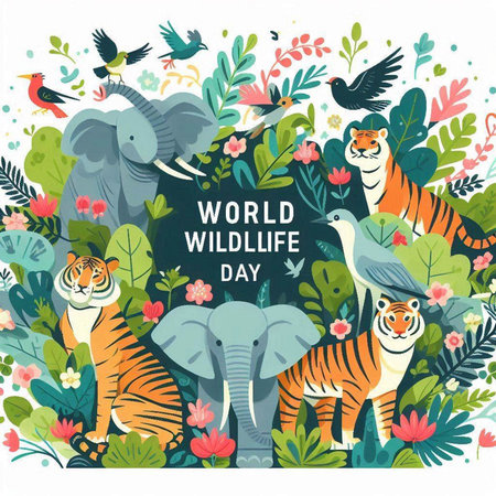 World Wildlife Day vector greeting card with wild animals, birds and flowers.のイラスト素材