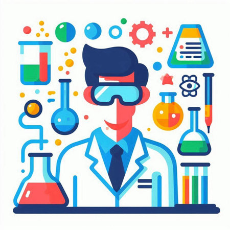 Scientist man in virtual reality glasses. Vector illustration in flat styleのイラスト素材