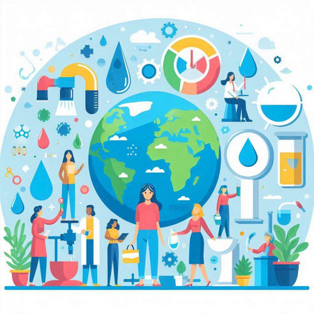 World water day concept. Group of people watering the planet. Vector illustrationのイラスト素材