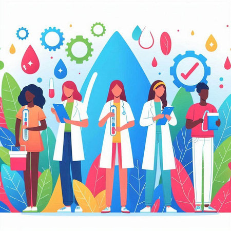 Healthcare and medicine concept vector illustration. Group of doctors and nurses with test tubes.のイラスト素材