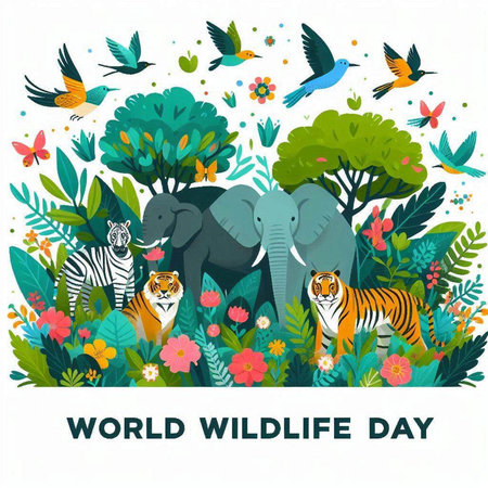World Wildlife Day. Vector illustration with cute cartoon animals and plants.のイラスト素材