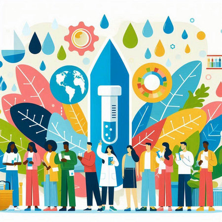 Healthcare and medicine concept. Group of doctors, nurses and medical staff with test tubes. Flat vector illustration.のイラスト素材