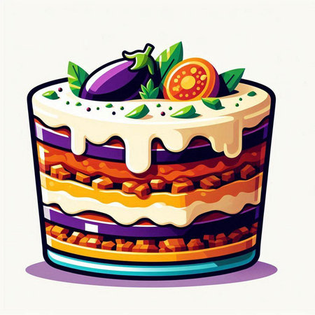 Illustration of a colorful cake with fruits and cream on a white backgroundのイラスト素材