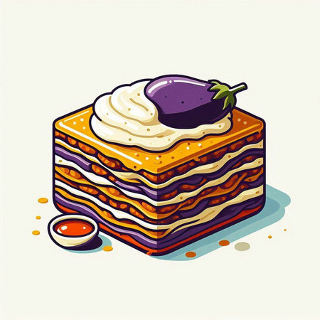 Illustration of a slice of cake with eggplant on top.のイラスト素材