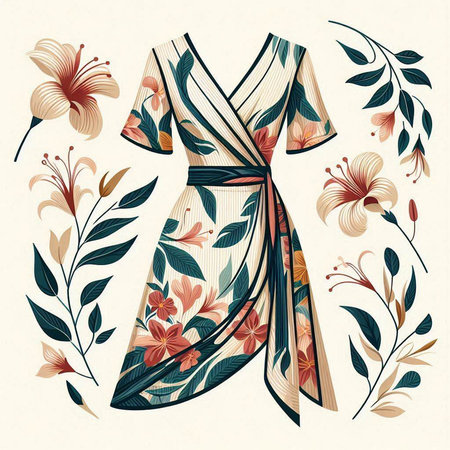Women's dress with floral ornament. Vector illustration in retro style.のイラスト素材
