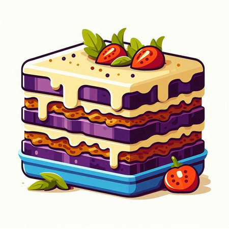 Piece of cake with strawberries and mint leaves. Vector illustration.のイラスト素材
