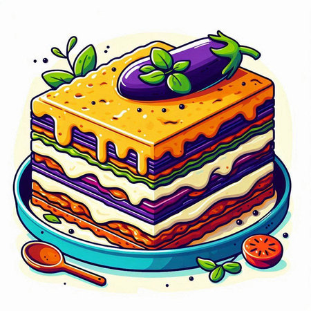 Vegetarian cake with eggplant, zucchini, carrot and cream. Vector illustration.のイラスト素材