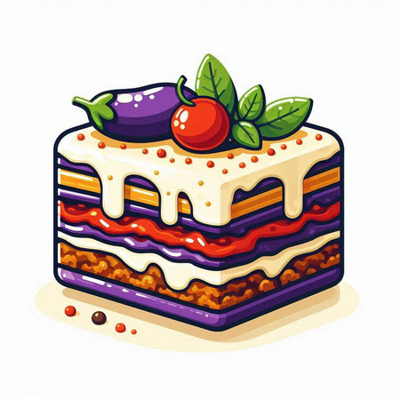 Illustration of a cake with tomato and eggplant on a white backgroundのイラスト素材