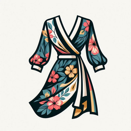 Japanese-style bathrobe with floral ornament. Hand drawn vector illustration.のイラスト素材
