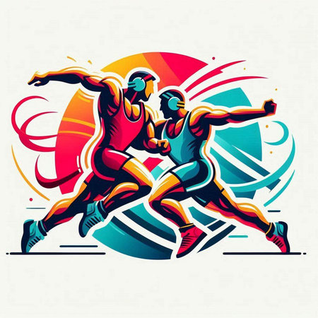 Vector illustration of two running men in sportswear with abstract backgroundのイラスト素材