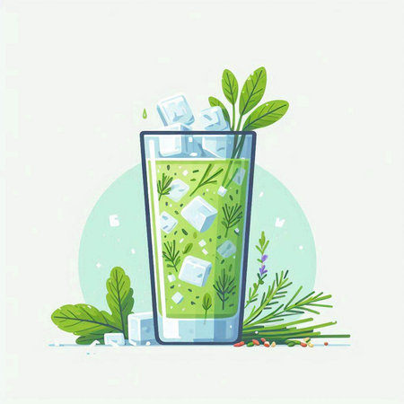 Green smoothie with ice cubes and herbs. Vector illustration in flat style.のイラスト素材