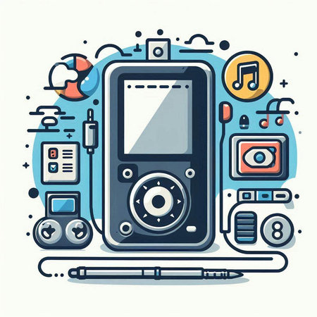 Multimedia player vector illustration in flat line style. Multimedia player with headphones and mp3 player.のイラスト素材