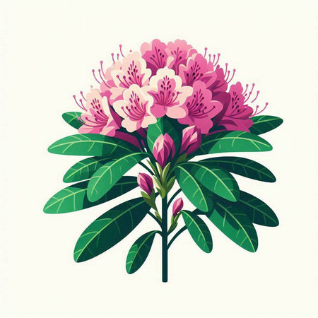 Pink rhododendron with green leaves. Vector illustration.のイラスト素材