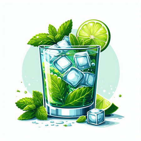 Mojito cocktail with lime and ice cubes. Vector illustration.のイラスト素材