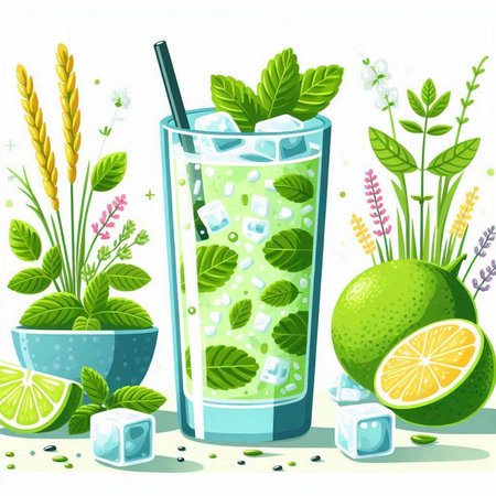 Lemonade with mint, lime and ice. Vector illustration.のイラスト素材