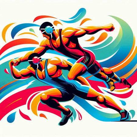 Sportive man and woman running on colorful background. Vector illustration.のイラスト素材