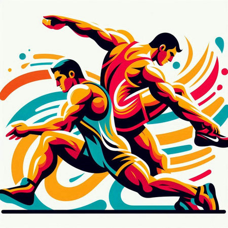 Vector illustration of two men running on a colorful background with stripes.のイラスト素材