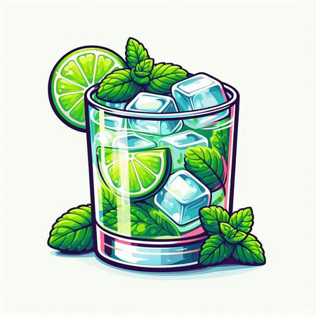 Mojito cocktail with lime, mint and ice. Vector illustrationのイラスト素材
