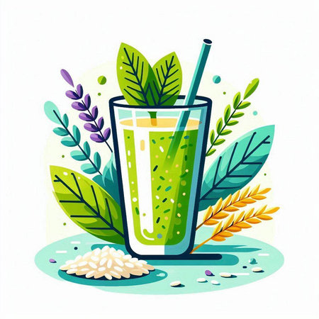 Green smoothie in a glass with a straw and leaves. Vector illustration.のイラスト素材