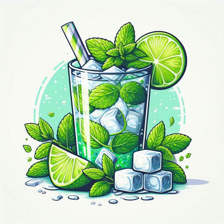 Mojito cocktail with lime, mint and ice cubes. Vector illustration.のイラスト素材