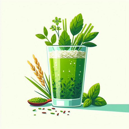 Green smoothie in a glass with herbs and seeds. Vector illustration.のイラスト素材