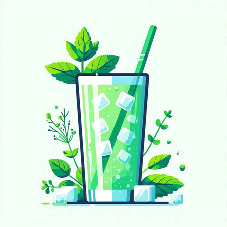Glass of mint smoothie with ice cubes and mint leaves. Vector illustration.のイラスト素材