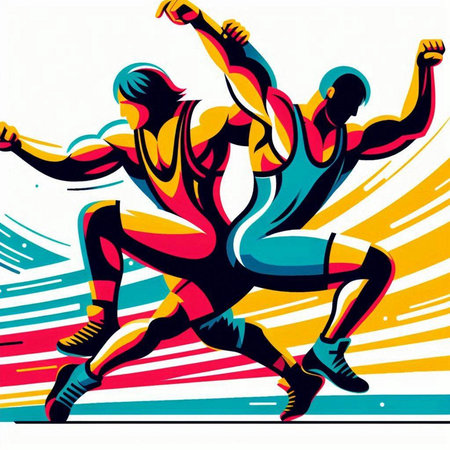 Two running people, man and woman, vector illustration in retro styleのイラスト素材