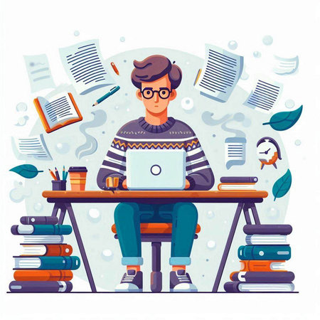 Student sitting at the desk with laptop and books. Vector illustration.のイラスト素材