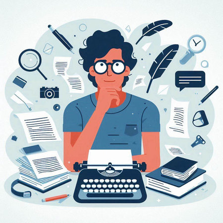 Vector illustration of a young man writer with a typewriter and many objects around him.のイラスト素材