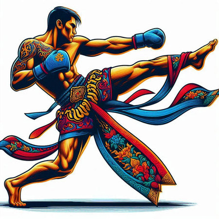Muay thai fighter in action. Thai martial arts. Vector illustration.のイラスト素材