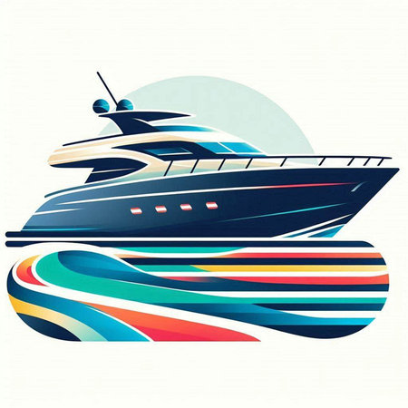 luxury yacht with colorful waves background, vector illustration eps10のイラスト素材