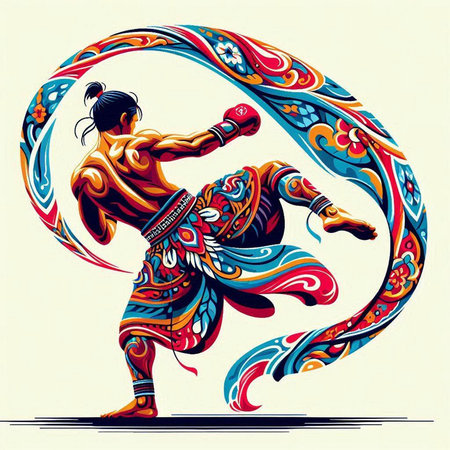 illustration of a girl in a kimono doing a kickのイラスト素材