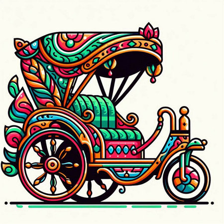 Colorful vector illustration of a vintage trishaw, hand drawingのイラスト素材