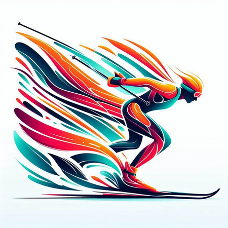 Skier in action, vector illustration. Colorful silhouette of skier.のイラスト素材
