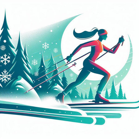 Vector illustration of a woman skiing in the mountains with snowflakesのイラスト素材