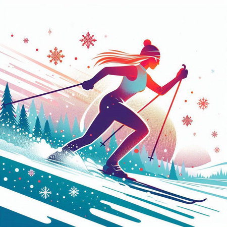 snowboarder girl on ski slope in winter. vector illustrationのイラスト素材