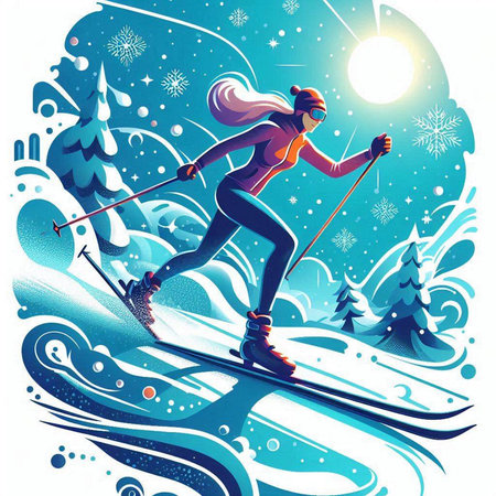 Vector illustration of a woman skiing in the mountains. Winter sport.のイラスト素材