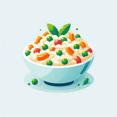 Vector illustration of a bowl of porridge with peas and carrots.のイラスト素材