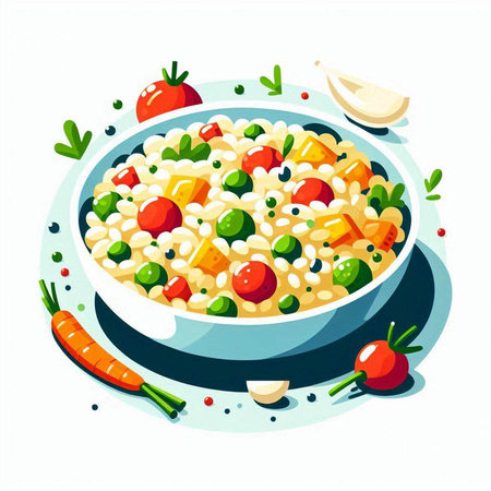 Vector illustration of a bowl of porridge with vegetables and pasta.のイラスト素材