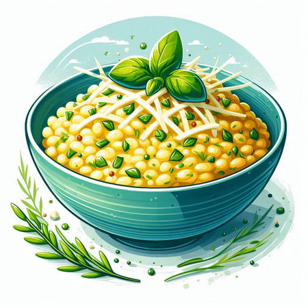 Illustration of a bowl of chickpeas with cheese and basil leavesのイラスト素材